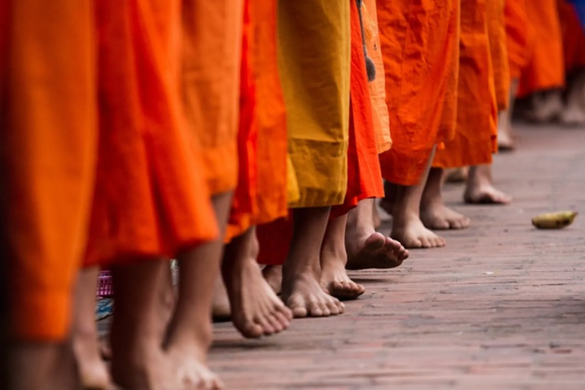 נזירים צועדים בלואנג פראבנג, לאוס בדרכם לקבל מנחות.